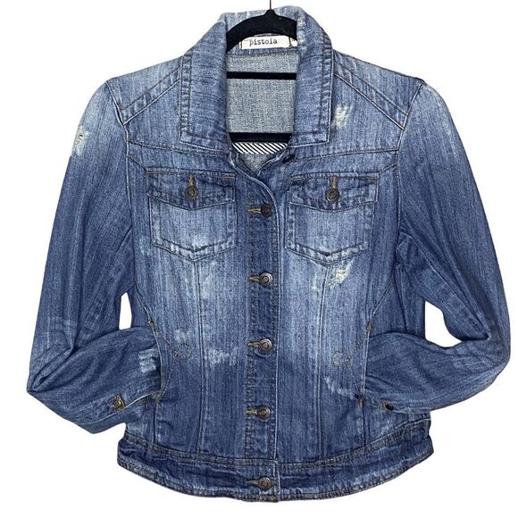 Pistola Women's Blue Long Sleeve Distressed Button-Front Denim Jacket Size Small - Picture 3 of 5